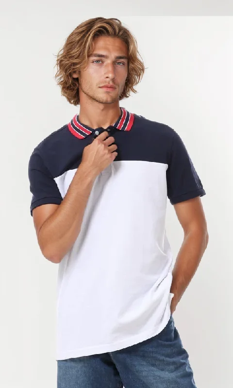 Shop the latest seasonal clothing sale – Big savings on stylish outfits.  56682 Navy Blue & White Striped Turn Down Collar Polo Shirt