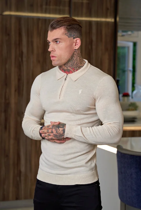Upgrade your look with stylish, affordable men’s clothing.  Father Sons Classic Beige Merino Wool Knitted Zip Polo Long Sleeve Jumper With FS Embroidery- FSN008