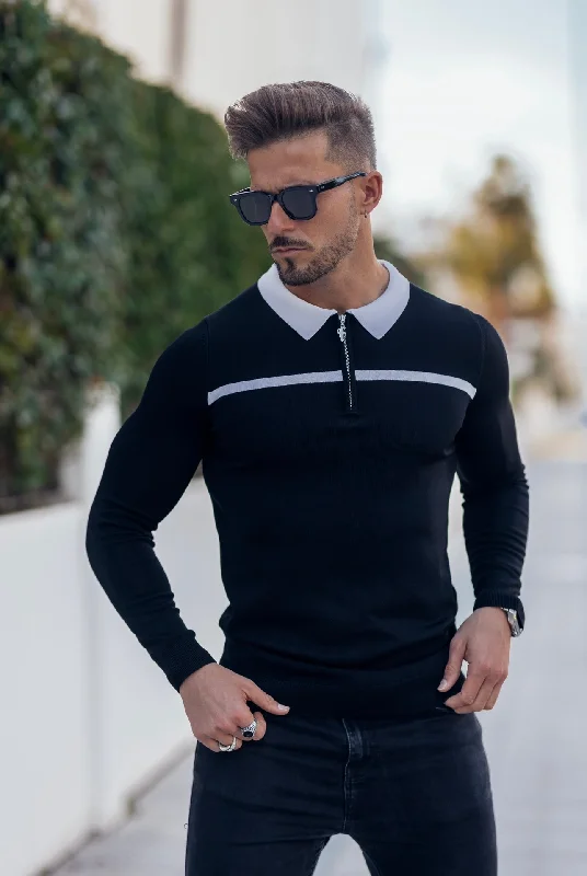 Shop stylish and affordable clothes –   Father Sons Classic Black / White Horizontal Stripe Zipped Polo Long Sleeve - FSN047