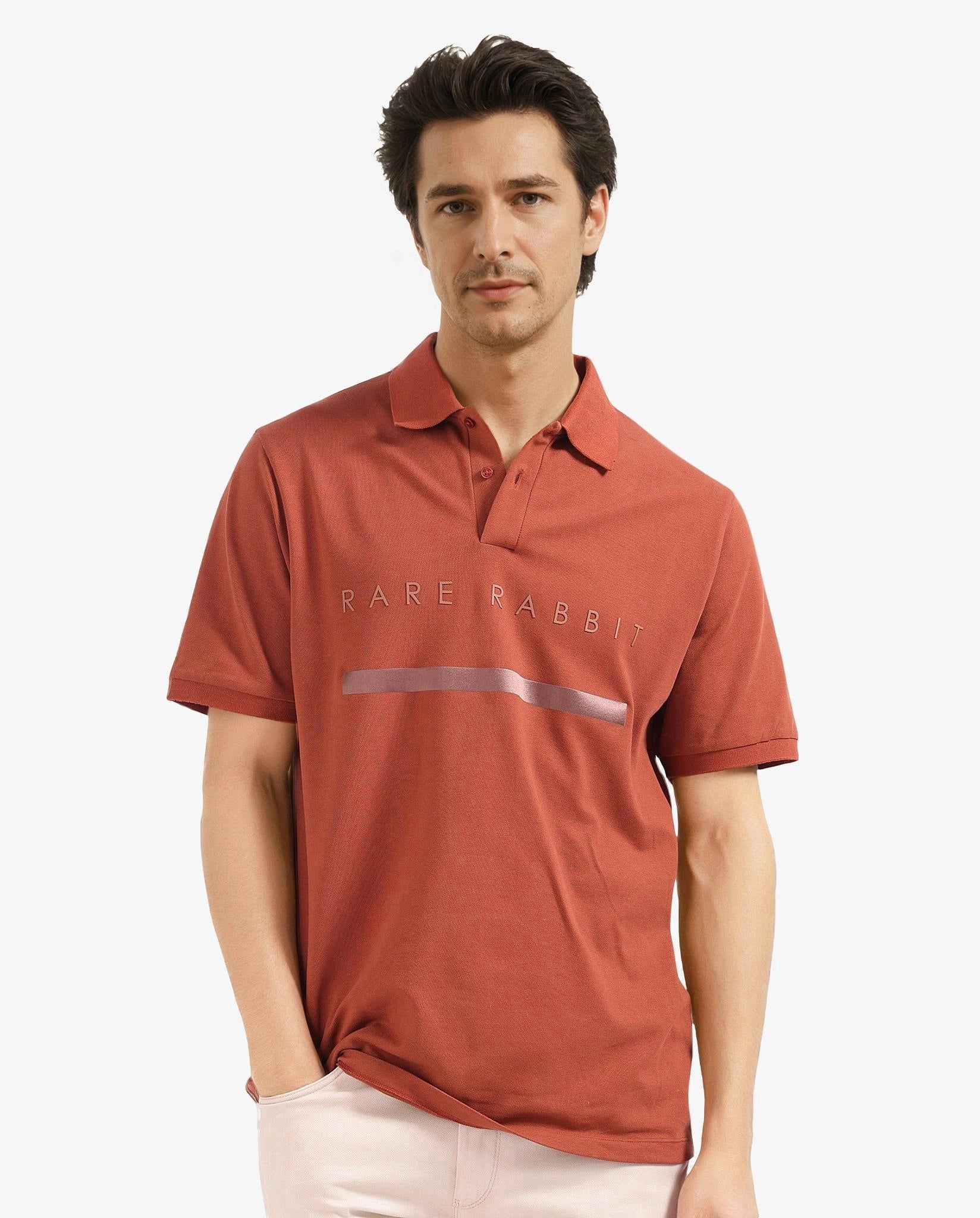 Shop trendy clothing at amazing prices – exclusive deals!  Rare Rabbit Men Nellit Dusky Rust Short Sleeve Collared Neck Plain Polo