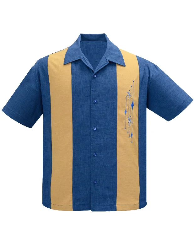 Shop affordable clothing – Limited-time only!  Mid Century Marvel Bowling Shirt in Blue/Mustard