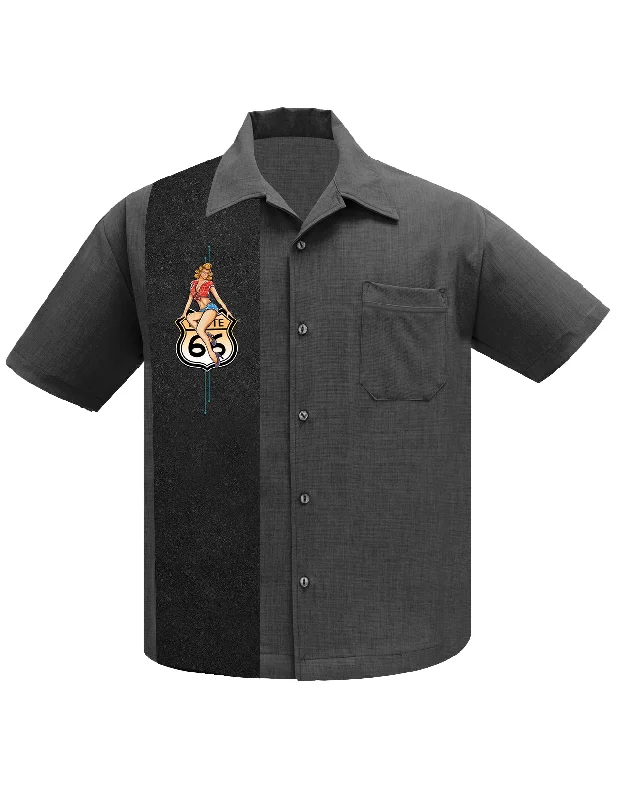 New season, new deals – shop men's clothing now!  Route 66 Pin-Up Panel Bowling Shirt in Charcoal
