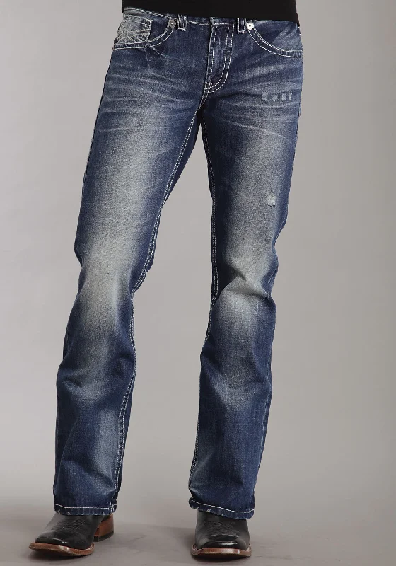Shop stylish and affordable clothes –   Mens Stetson Blue Cotton Blend Med Wash White X Bootcut Rocks Fit Jeans